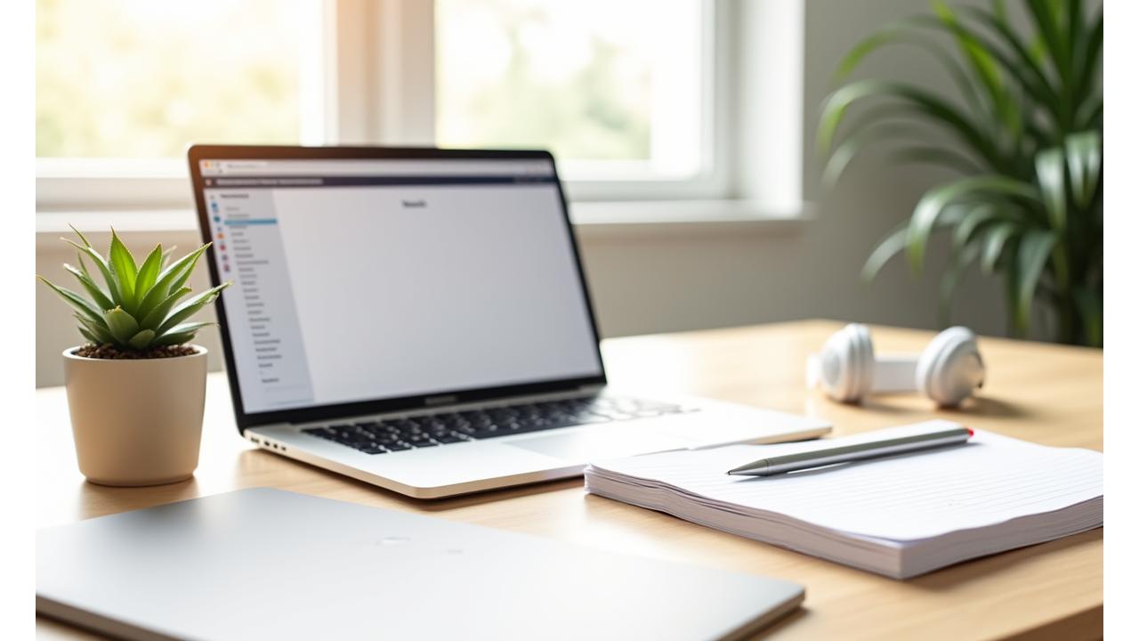 책상 위 노트북, 정갈한 노트, 미니멀한 식물 화분 등 디지털 생산성과 미니멀리즘을 상징하는 정돈된 모습