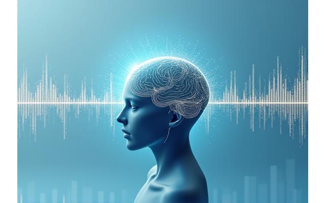 신경망과 음악 파형이 시각화된 추상적인 뇌 인포그래픽